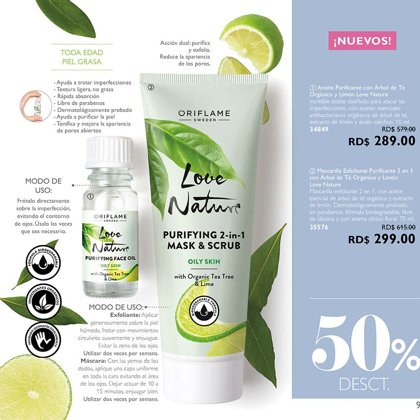 289 RD$ ACEITE PURIFICANTE COD.34849- 299 RD$ MASCARILLA EXFOLIANTE 2 EN 1 COD.35576